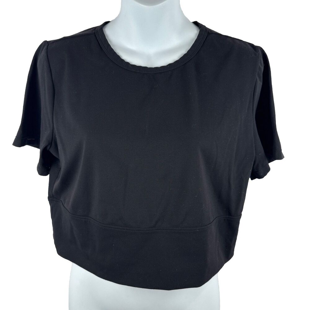 FLX Black Boxy Crop Top Size L Large Short Sleeve Travel Leisure Nylon Stretch